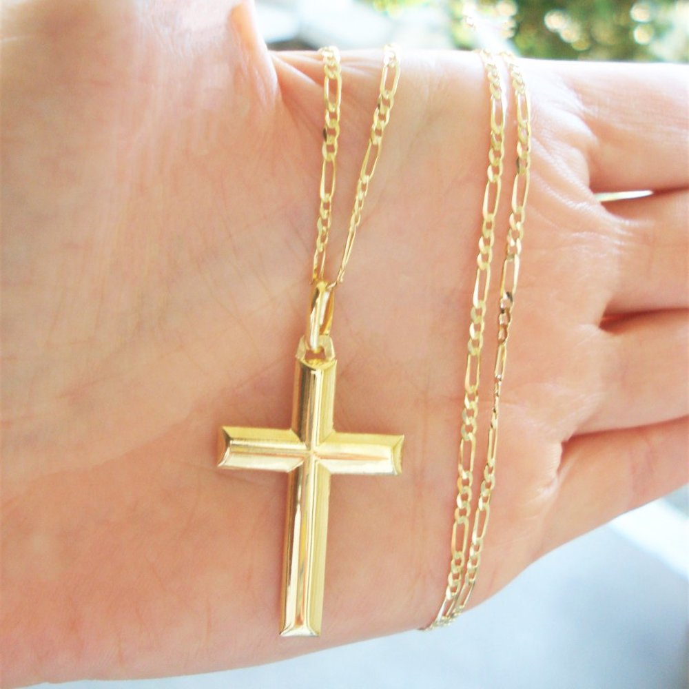 Real 10K Gold Cross Necklace, High Quality ITALY 10K Gold Cross Figaro Chain 20"